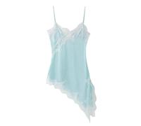 Dentelle d'été asymétrique décontractée bretelles spaghetti mini robe fluide bohème ligne A pour rendez-vous nuit, bleu, L