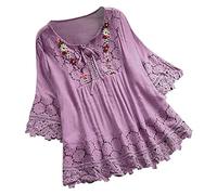 Dentelle Patchwork Nœud Femmes Trimestre Trois Haut Col V T-shirt Blouses -Chemisier Femme, lilas, 5XL