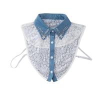 Dentelle respirante imitation col demi-chemise insert élégant perles cristal confortable pour un usage quotidien fausse chemise dentelle strass, Contr blanc et bleu, taille unique