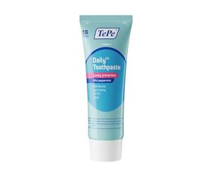 Dentifrice TePe Daily, parfum menthe douce, usage quotidien, bon dosage de fluor pour la prévention des caries, taux de fluor adapté à l'âge.