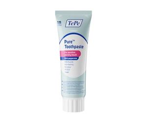 Dentifrie TePe Pure, menthe douce, très doux pour un usage quotidien, conçu pour les gencives très sensibles et la bouche sèche, taux de fluor adapté à l'âge.