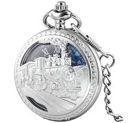 Dentily Exquise Train Montre de poche à quartz avec cadran bleu étoilé et chiffres romains Cadeau de Noël ou d'anniversaire (argenté)