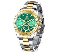 Dentily Montre à quartz pour homme en acier inoxydable avec chronographe étanche, Doré et vert