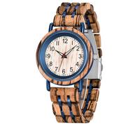Dentily Montre en bois pour homme en acier inoxydable avec mouvement à quartz, Marron et bleu, Minimaliste