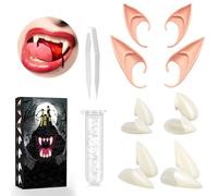 Dents de Vampire Kit Adulte Enfant, 4 Paires Canine de Vampire, 2 Paires Oreille Elfe, 1 Tubes de Particules de Colle de Vampire Teeth, Halloween Vampire Accessoire, pour Maquillage Halloween Cosplay
