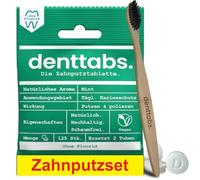 Denttabs Kit de brossage des dents - 125 comprimés de brossage à la menthe sans fluorure + brosse à dents en bambou ultra doux