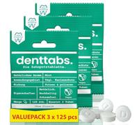 Denttabs Lot de 3 paquets de 125 comprimés pour brosse à dents - Alternative complète au dentifrice - Pour 6 mois - Menthe sans fluorure - Sans plastique - Sans conservateur - Sachet compostable