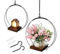DENUOTOP Lot de 2 Jardinières Suspendues d'Intérieur, Pot de Fleurs Suspendu en Macramé avec Base en Bois, Anneau Métallique pour Suspension Murale et Plafond, Support pour Plantes Grasses et Cactus