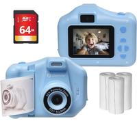 Denver Appareil photo instantané pour enfants avec papier photo 150, carte SD 64 Go, zoom 10x, vidéo HD 1440p, 4 jeux, objectif à selfie et cadre de dessin animé - Rechargeable - Bleu