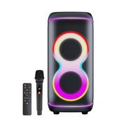 Denver BPS-370 Haut-parleur de fête Bluetooth 100 W RMS - Effet lumineux LED RVB avec microphone et télécommande - Couplage stéréo TWS, batterie, protection étanche IPX4, 2 woofers de 6,5", USB/AUX