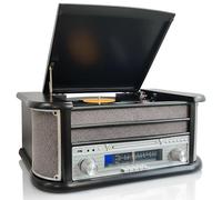 Denver Lecteur cassette CD Bluetooth 8 en 1 rétro en bois, système HiFi - Platine vinyle à 3 vitesses et cassette avec lecteur CD, radio FM/AM, enregistrement MP3 USB, entrée auxiliaire et sortie
