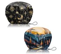 Deokke Lot de 2 Bonnets de douche,réglables élastiques double couche charlotte cheveux douche,réutilisables et esthétiques Mignon bonnet de douche femmes (Q11-Soleil, lune, coucher de soleil)