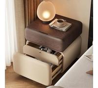 DEOPXF Table De Chevet en Bois Massif avec Cuir Écologique Résistante À L’Usure Et À La Saleté Durable Tiroir À Déverrouillage par Empreinte Digitale(Walnut+Khaki,B30x40x50cm)