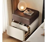 DEOPXF Table De Chevet en Bois Massif avec Cuir Écologique Résistante À L’Usure Et À La Saleté Durable Tiroir À Déverrouillage par Empreinte Digitale(Walnut+Off White,A35x40x50cm)