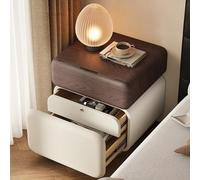 DEOPXF Table De Chevet en Bois Massif avec Cuir Écologique Résistante À L’Usure Et À La Saleté Durable Tiroir À Déverrouillage par Empreinte Digitale(Walnut+Off White,B45x40x50cm)