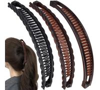 Deozu Lot de 3 pinces à cheveux banane, doubles peignes classiques, grandes pinces à cheveux antidérapantes, grands accessoires pour cheveux pour femme (noir + marron + marron brillant)