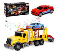 Dépanneuse Jouet,Camion de Dépannage avec Lumières et Sons,Grand Camion Transporteur Voiture,Jouet Véhicule de Secours Inclut 2 Voitures et 10 Panneaux de Signalisation,Cadeau pour Enfants 3-8 Ans