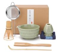 DEPAR Ensemble de 7 pièces à thé matcha avec fouet à matcha, passoire en acier inoxydable, bol à matcha, 2 cuillères à matcha, porte-balai en céramique et torchon à thé, cadeau pour les amateurs de