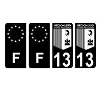 Département 13 région Sud logo noir blanc- PACA logo - F europe noir - 4 Autocollants Stickers Auto Plaque d'immatriculation - Couleur : arrondis - Angles : arrondis