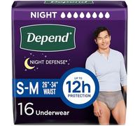 Depend Night Defense Lot de 16 sous-vêtements d'incontinence jetables pour homme, taille S/M, gris
