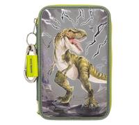 Depesche 11758 Dino World Reflector - Trousse à Crayons remplie à 3 Compartiments en Vert et Gris, avec Motif de Dinosaure et éclairs, Trousse à Crayons réfléchissante avec Crayons de Couleur, règle