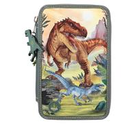 Depesche 11772 Dino World - Trousse à Crayons remplie à 3 Compartiments avec Motif de Dinosaure et LED, Trousse à Crayons Vert foncé avec Crayons de Couleur, règle, Ciseaux et Bien Plus Encore.