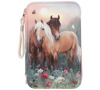Depesche 12869 Miss Melody Flowers - Trousse à Crayons 3 Compartiments remplie en Rose, avec Motif de Chevaux, Trousse à Crayons avec Crayons de Couleur, règle, Ciseaux et Bien Plus Encore