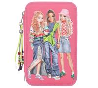 Depesche 12910 TOPModel Joy - Trousse à Crayons 3 Compartiments remplie en Rose, avec Motif modèle et Pendentif, Trousse à Crayons avec Crayons de Couleur, règle, Ciseaux, etc.