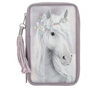 Depesche 13126 Miss Melody Fantasy Horse - Trousse à Crayons 3 Compartiments remplie en Violet pâle, avec Motif de Chevaux et Paillettes, Trousse à Crayons avec Crayons de Couleur, règle