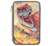 Depesche 13135 Dino World - Trousse à 3 Compartiments garnie en Vert Olive, Motif avec Effet 3D, Trousse avec Crayons de Couleur, règle, Ciseaux, etc.