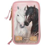 Depesche 13187 Miss Melody Dusty Rose - Trousse à Crayons 3 Compartiments remplie en Vieux Rose, avec Motif de Chevaux et Fermeture décorative, Trousse à Crayons avec Crayons de Couleur