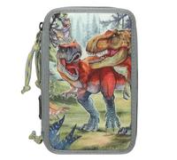 Depesche 13277 Dino World Bite - Trousse à Crayons à 3 Compartiments remplie en Vert, avec Motif de Dinosaure et forêt, Trousse à Crayons avec Crayons de Couleur, règle, Ciseaux et Bien Plus Encore.