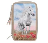 Depesche 13341 Miss Melody Poppy Sand - Trousse à Crayons 3 Compartiments remplie en Beige, avec Motif de Chevaux et de Coquelicots, Trousse à Crayons avec Crayons de Couleur et Bien Plus Encore