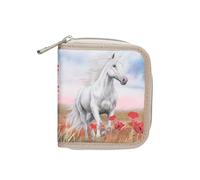 Depesche Miss Melody Poppy Sand 13344 Portefeuille Beige et Bleu, avec Motif Chevaux et Coquelicots, Portefeuille avec Bouton Pression