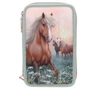 Depesche 13403 Miss Melody Romantic Fields - Trousse remplie avec 3 Compartiments en Vert, avec Motif Cheval, Fleurs et Paillettes, avec Crayons de Couleur, règle, Ciseaux et Bien Plus Encore