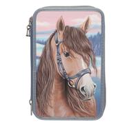 Depesche 13415 Miss Melody - Trousse à Crayons Bleue à 3 Compartiments, avec Effet 3D et Motif Cheval, étui à Crayons avec Crayons de Couleur, Ciseaux, règle et Bien Plus Encore.