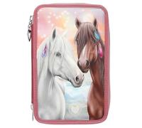 Depesche 13416 Miss Melody - Trousse à Crayons 3 Compartiments remplie en Rouge Rouille, avec Effet LED et Motif Cheval, Trousse à Crayons avec Crayons de Couleur, Ciseaux, règle etc.