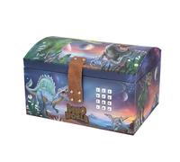 Depesche 13441 Dino World - Coffre au trésor au design dino avec planètes, boîte de rangement avec code, son et lumière