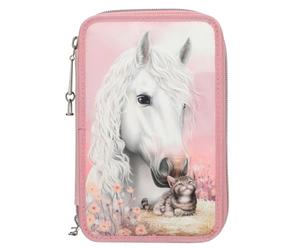 Depesche 13687 Miss Melody True Friends Trousse à 3 Compartiments garnie en Rose, avec Motif Cheval et Chat, Trousse avec Crayons de Couleur, Ciseaux, règle, etc.
