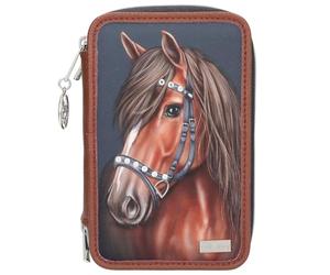 Depesche 13688 Miss Melody Luxury Horse - Trousse à Crayons Triple Compartiment en Bleu foncé et Marron, avec Motif Cheval et Pierres Brillantes, avec Crayons de Couleur, Ciseaux, règle, etc.