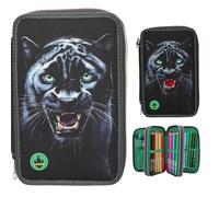 Depesche 13709 Adventure World Panther Trousse à 3 Compartiments, remplie, Noire, avec Motif panthère et Effets de lumière LED, Crayons de Couleur, Ciseaux, règle, etc.