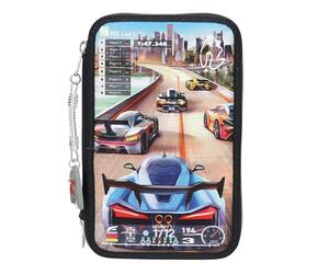 Depesche 13712 Action World Gaming - Trousse à Crayons à 3 Compartiments remplie en Bleu foncé, avec Motif d'un Jeu de Course de Voitures et Skyline, avec Crayons de Couleur, Ciseaux, règle etc.