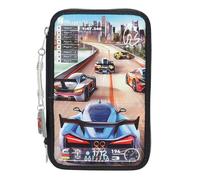 Depesche 13712 Action World Gaming - Trousse à Crayons remplie à 3 Compartiments Bleu foncé, avec Motif de Jeu de Course de Voiture et Horizon, Trousse avec Crayons de Couleur, Ciseaux, règle, etc.