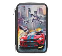 Depesche 13981 Action World - Trousse à Crayons Triple Compartiment remplie, Gris foncé, avec LED, Motif Voiture de Course, Voiture de Police et Drone, Trousse Contenant des Crayons de Couleur