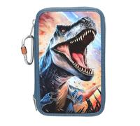 Depesche Trousse à crayons Dino World 13982 – 3 compartiments bleu, motif T‑Rex, remplie