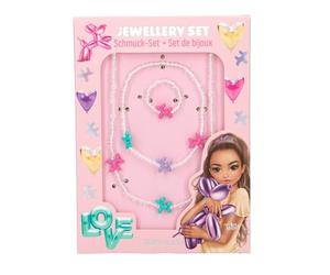 Depesche 14062 TOPModel - Set de bijoux comprenant une chaîne, un bracelet et une bague, en perles blanches et chiens ballons colorés, longueur réglable et avec élastique