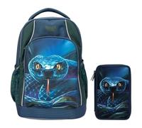 Depesche Adventure World - Sac à dos scolaire et trousse à 3 compartiments, motif serpent foncé, cartable avec bretelles réglables, trousse avec crayons de couleur, ciseaux, règle, etc
