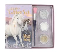 Depesche 12657 Miss Melody Night Horses-Kit Enfants avec 41 Tatouages adhésifs, 1 Pinceau et 3 poudres Scintillantes en Argent, Blanc et Or, Halloween, Noir, Petit