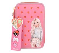 Depesche TopModel 14128 Trousse à 3 Compartiments avec Broches en Silicone | En rose et orange, avec découpes en forme de cœur et motif de modèle, trousse avec crayons de couleur, ciseaux, règle