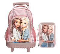 Depesche TOPModel Dots - Sac à dos d'écolier à roulettes et trousse à 3 compartiments, avec motif modèle, motif à pois et paillettes, sac d'école avec poignée télescopique, trousse avec crayons de